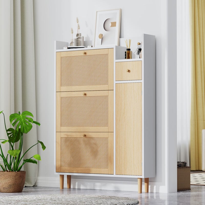 Meuble à chaussures, Armoire à chaussures en bois de rotin, 3 portes et 1 tiroir, pieds et poignées en bois, Naturel+Blanc