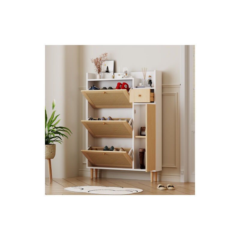 Armoire à chaussures en bois de rotin – pour entrées étroites – 3 portes battantes et 1 tiroir – avec pieds et poignées en bois massif – dimensions: