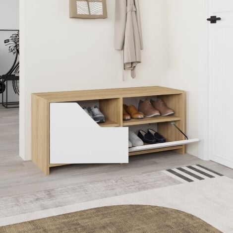 Armoire à Chaussures en Chêne et Blanc avec Fixation Murale, 105x47x37 cm, Pour Couloir ou Salle de Mud