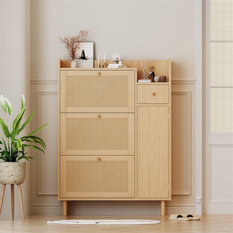 Armoire à chaussures en rotin - avec 3 portes basculantes et 1 tiroir - convient aux entrées étroites - 90x125x17cm Naturel
