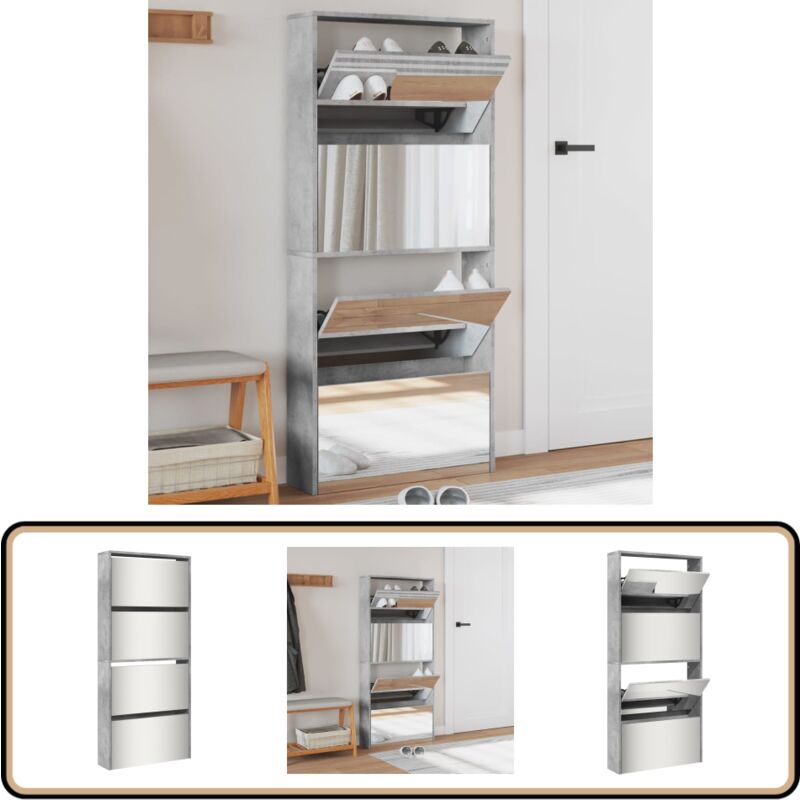Armoire à chaussures et miroir 4 niveaux gris béton 63x17x134cm - Meuble Chaussure - Range Chaussures - Étagère Chaussure - Armoire À Chaussures