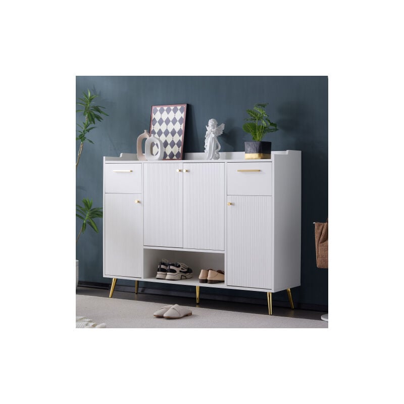 Armoire à chaussures, étagère à chaussures avec 2 tiroirs et 4 portes, pieds en métal, dimensions: b130 / w37 / h100, blanc