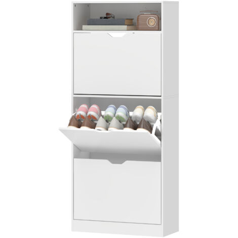 Armoire à chaussures étroite 18 paires, 3 tiroirs rabattables, étagères réglables, blanc