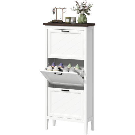 Armoire à chaussures étroite 18 paires, meuble blanc avec 3 tiroirs rabattables et étagères ajustables
