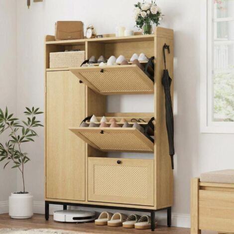 Armoire à chaussures étroite rotin 3 tiroirs pliants étagères réglables autoportant grand rangement MDF couleur chêne pour entrée couloir