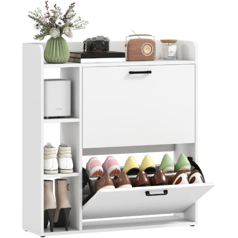 Armoire à chaussures fine avec 2 portes rabattables, 3 compartiments et étagères réglables pour 15 paires, en bois, 83x24x90,5 cm, blanc