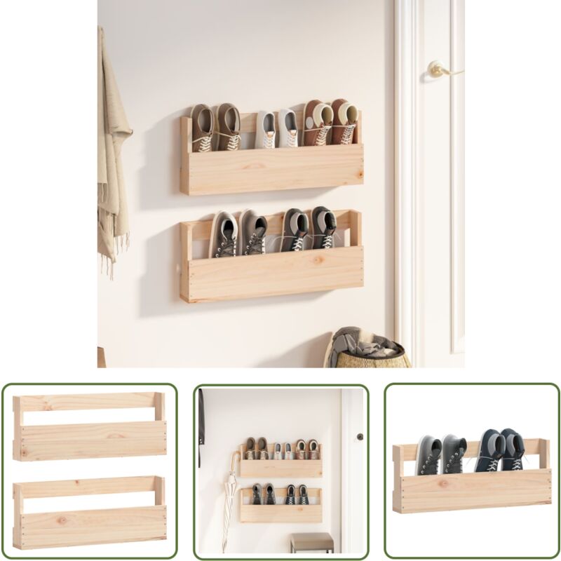 The Living Store Étagères à chaussures murales 2 pcs 59x9x23 cm Pin massif - Étagères À Chaussures - Rangement Chaussures - Meuble Chaussure