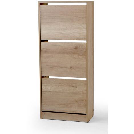 Armoire à chaussures, meuble à chaussures avec 3 portes abattantes coloris chêne cambrian  - longueur 51 x profondeur 26 x hauteur 119 cm