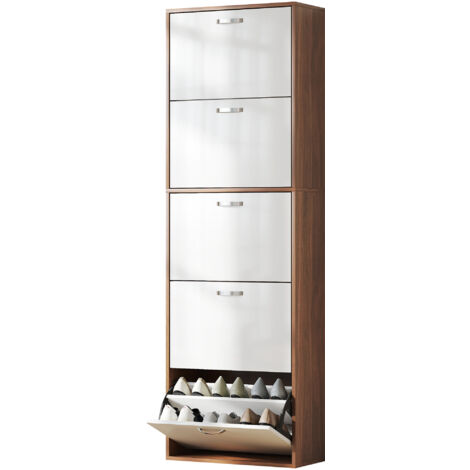 Armoire à Chaussures Meuble à Chaussures Design Contemporain 5 Portes abattantes Bicolore Blanc Marron foncé Imitation Bois