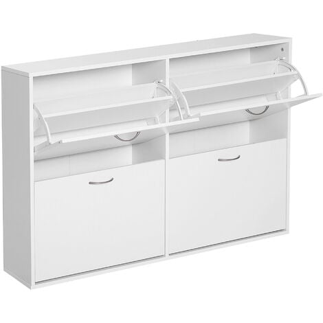 Armoire à chaussures meuble à chaussures grande taille dim. 120L x 24l x 81H cm  4 portes abattantes double niveau panneaux particules blanc