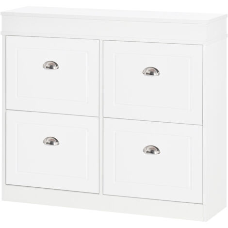 Armoire à Chaussures Meuble à Chaussures Rangement dim. 98L x 24l x 83H cm 4 Portes abattantes Double Niveau MDF Blanc