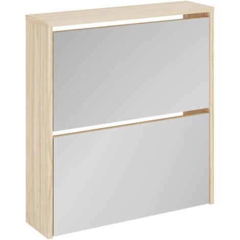 Armoire à Chaussures, Meuble Étagère de Rangement, 2 étages avec miroir 63 x 17 x 67 cm Chêne OIB2538E