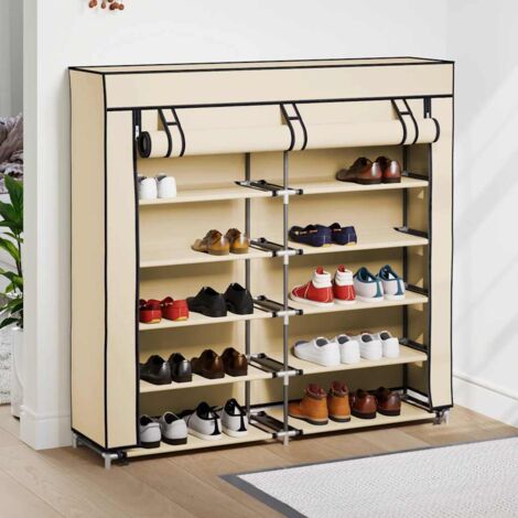 Armoire à Chaussures, Meuble Étagère de Rangement, avec housse Crème 115x28x110 cm Tissu OIB6129E