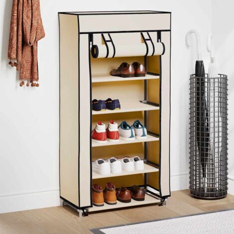Armoire à Chaussures, Meuble Étagère de Rangement, avec housse Crème 58x28x106 cm Tissu OIB7884E