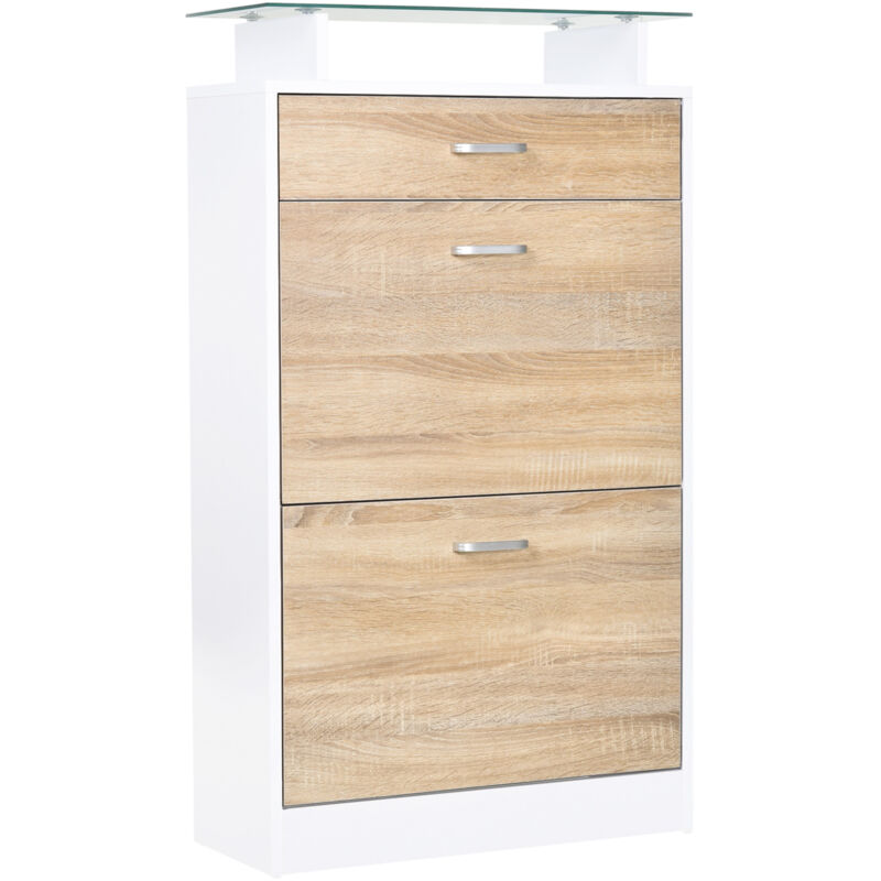 Armoire à Chaussures Meuble rangement Chaussures 2 Portes abattantes 2 Compartiments. tiroir. Plateau en Verre - Bois chêne Blanc