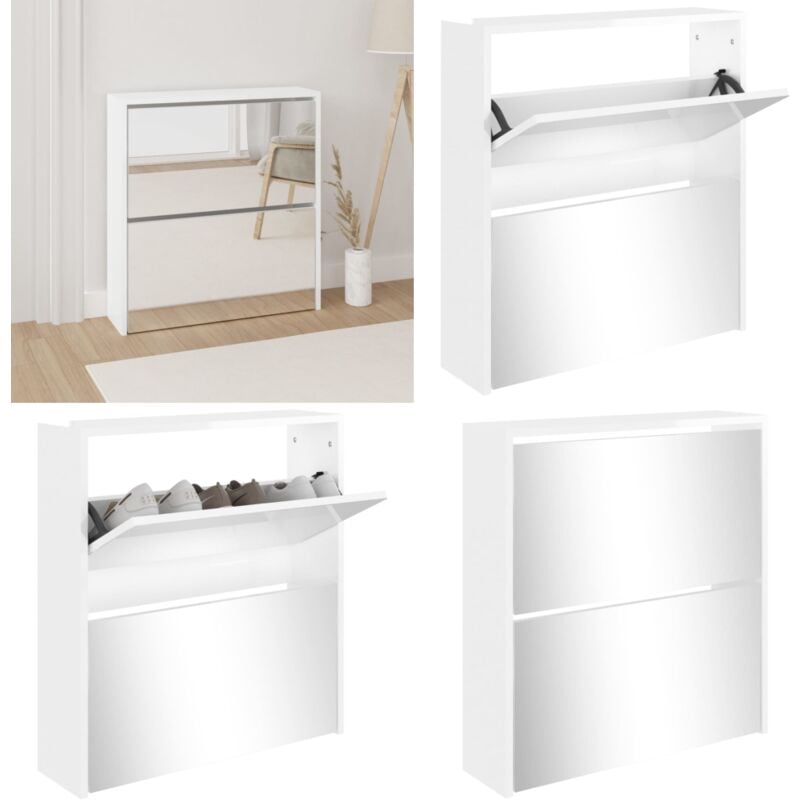 Vidaxl - Armoire à chaussures miroir 2 niveaux Blanc brillant 63x17x67cm - Meuble Chaussure - Rangements Chaussures - Armoire Chaussures - Étagère