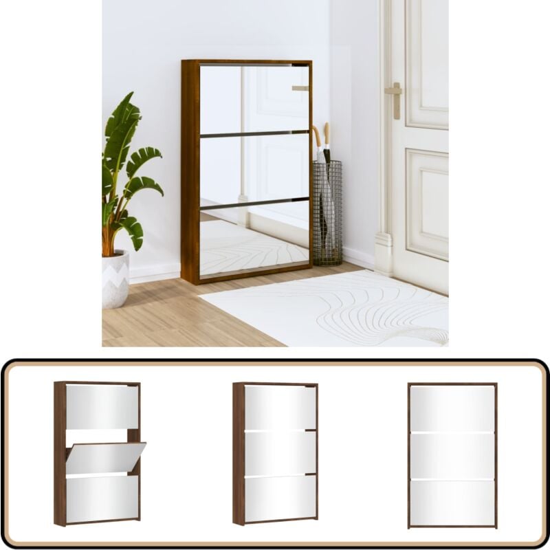 Armoire à chaussures miroir 3niveaux Chêne marron 63x17x102,5cm - Meuble Chaussure - Rangements Chaussures - Étagère Chaussures - Armoire à
