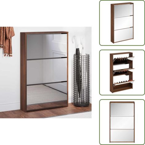 Armoire à chaussures miroir 3niveaux Chêne marron 63x17x102,5cm - Meuble Chaussure - Rangements Chaussures - Étagère Chaussures - Armoire À Chaussures - Rangement Intérieur