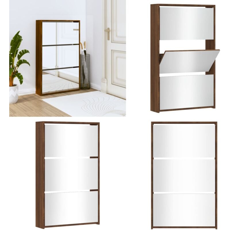 Armoire à chaussures miroir 3niveaux Chêne marron 63x17x102,5cm - Meuble Chaussure - Rangements Chaussures - Étagère Chaussures - Armoire à