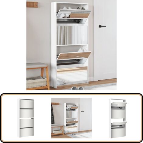 Armoire à chaussures miroir 4 niveaux blanc brillant - Meuble Chaussure - Armoire Chaussure - Range Chaussures - Étagère Chaussure - Rangement Intérieur