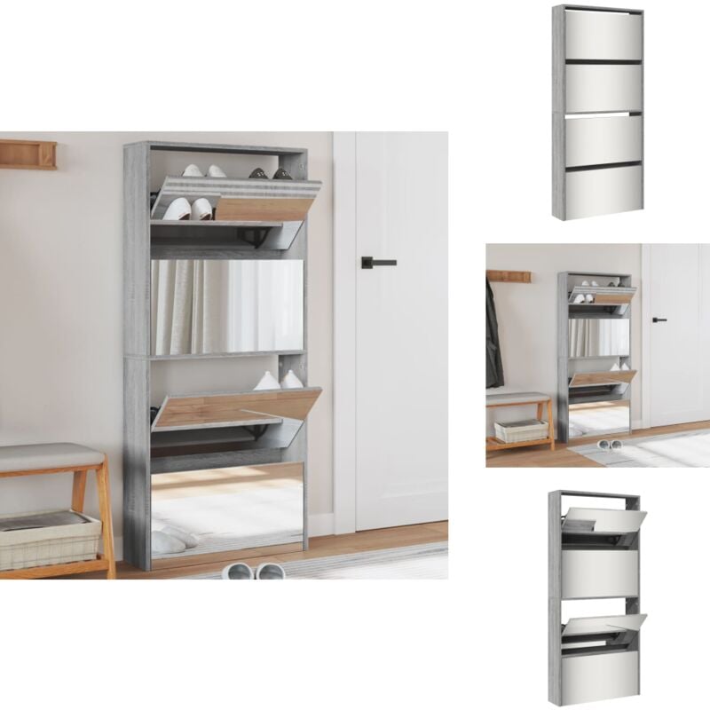 Armoire à chaussures miroir 4 niveaux sonoma gris 63x17x134 cm - Meuble Chaussure - Rangements Chaussures - Étagère Chaussures - Armoire Chaussures