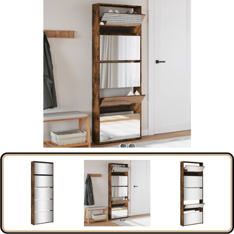 Armoire à chaussures miroir 5 niveaux chêne fumé 63x17x169,5 cm - Armoire à Chaussures - Rangements Chaussures - Étagères Chaussures - Mobilier