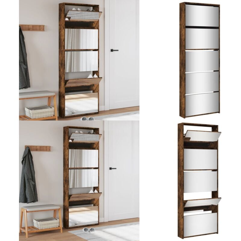 Armoire à chaussures miroir 5 niveaux chêne fumé 63x17x169,5 cm - Armoire à Chaussures - Rangements Chaussures - Étagères Chaussures - Mobilier