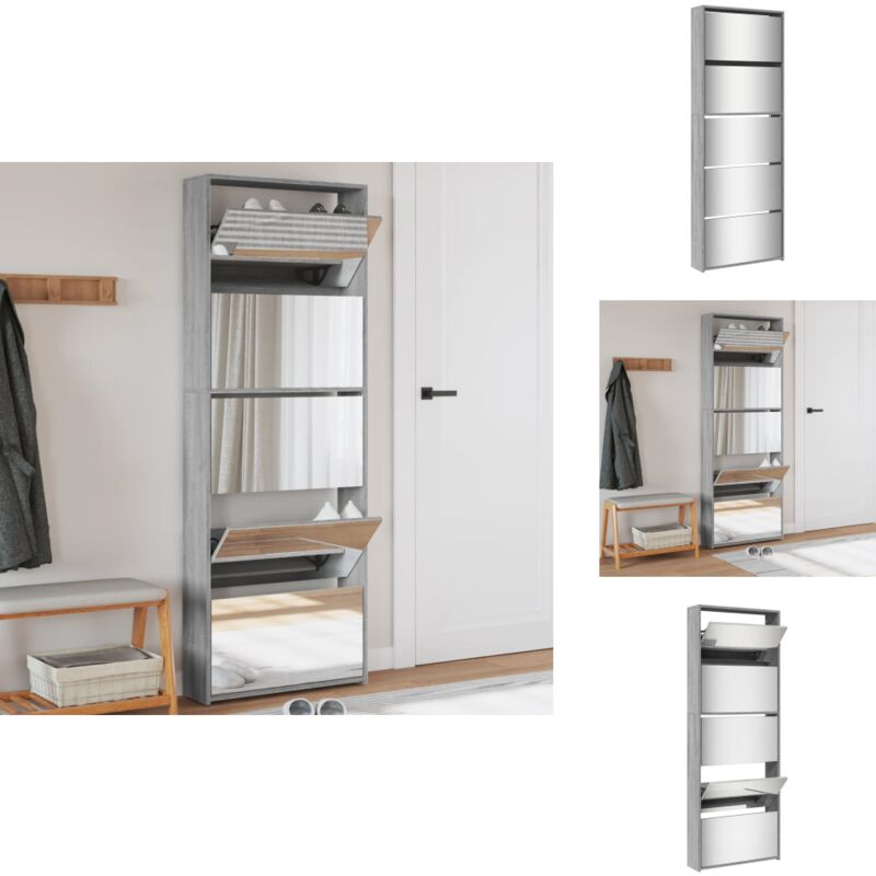 Armoire à chaussures miroir 5 niveaux sonoma gris 63x17x169,5cm - Armoire à Chaussures - Armoires à Chaussures - Rangement Pour Chaussures - Étagère