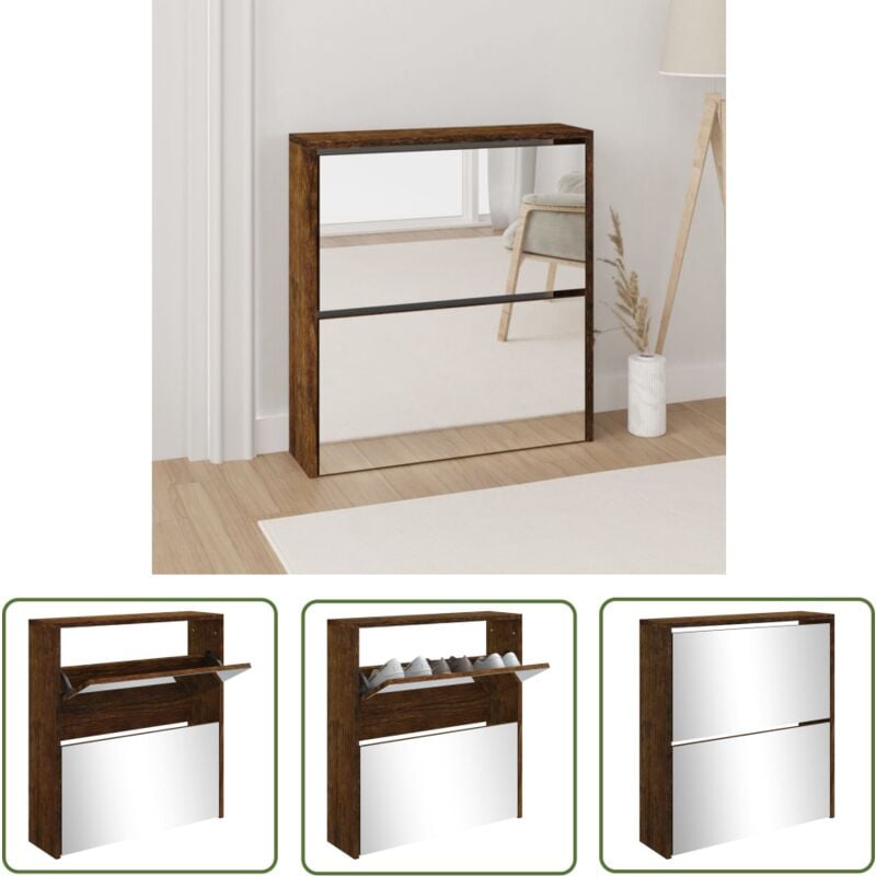 The Living Store - Armoire à chaussures miroir à 2 niveaux Chêne fumé 63x17x67 cm - Armoire à Chaussures - Rangements Chaussures - Étagères