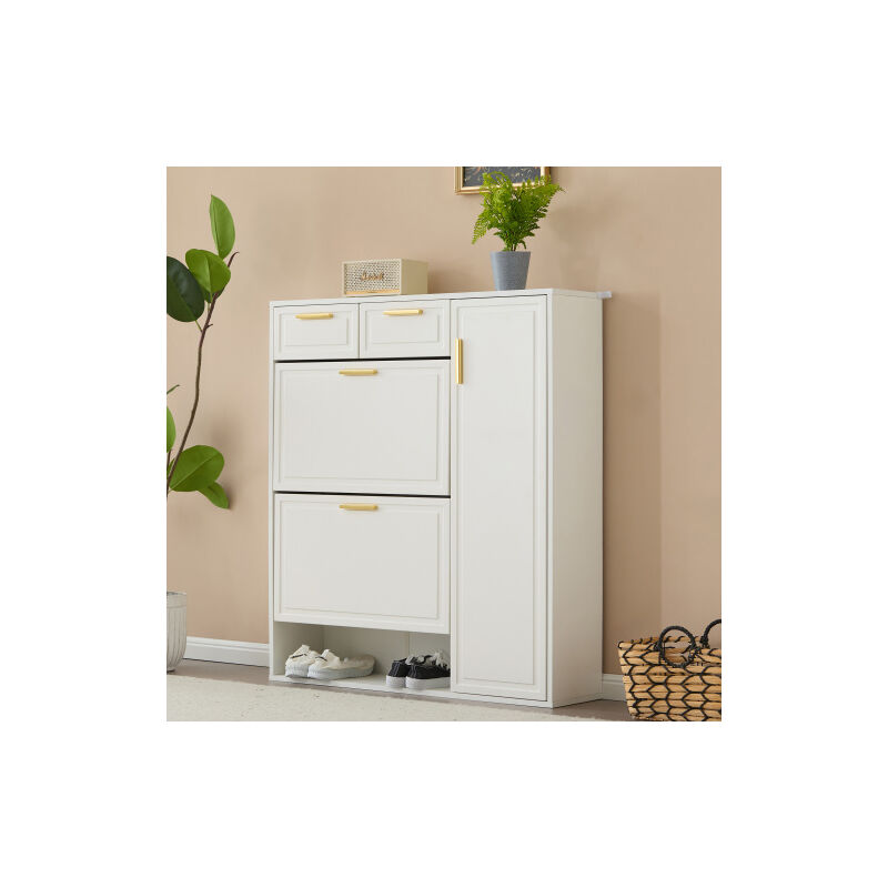 Armoire à chaussures moderne avec étagères réglables, poignées dorées, tiroirs, armoire à chaussures pliante et porte, blanc, b95 / D24 / h107.5