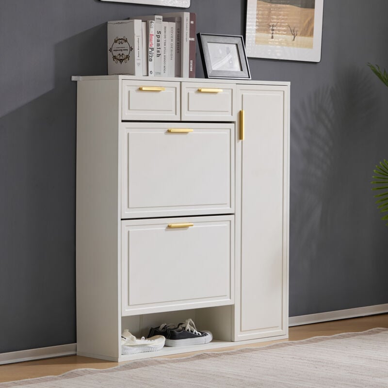 Okwish - Armoire à chaussures moderne, avec étagères réglables, poignées dorées, tiroirs, armoire à chaussures pliante et portes, blanc,