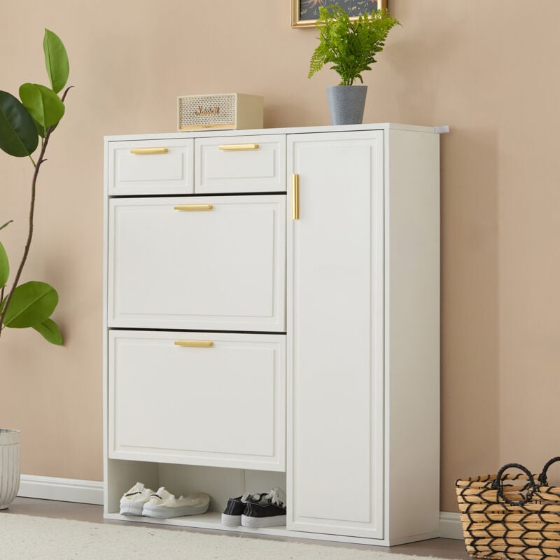 Redom - Armoire à chaussures moderne, avec étagères réglables, poignées dorées, tiroirs, armoire à chaussures pliante et portes, blanc, L95/P24/H107,5