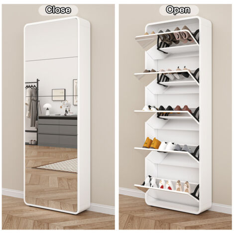 Armoire à chaussures moderne en miroir avec 5 tiroirs pivotants, rangement de chaussures en miroir, rangement de chaussures basculant autoportant pour l'entrée, 63 x 19,6 x 176,5 cm