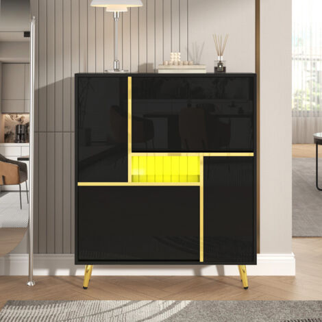 Armoire à chaussures moderne, rangement pour chaussures avec façade brillante et éclairage LED, permet de ranger jusqu'à 10 paires de chaussures, 80 x 25 x 96 cm, noir