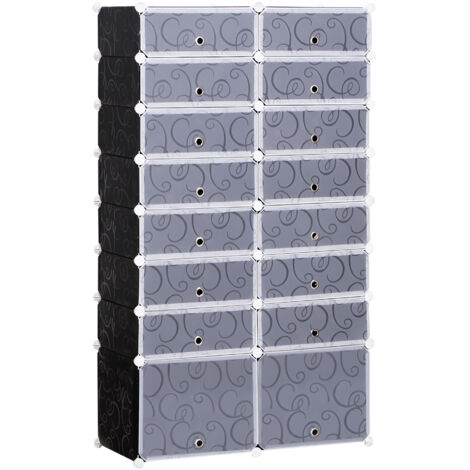 Armoire à Chaussures Modulable Range Chaussures L 95 x l 37 x H 160 cm 14 Cubes rectangulaires et 2 Grands Cubes Noir et Blanc en plastique
