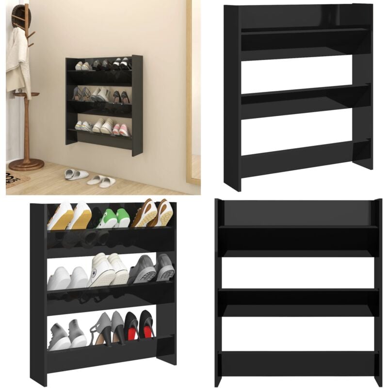 Armoire à chaussures murale noir brillant bois d'ingénierie - Armoire à Chaussures Murale - Rangement Chaussures - Meuble Chaussure - Organiseur