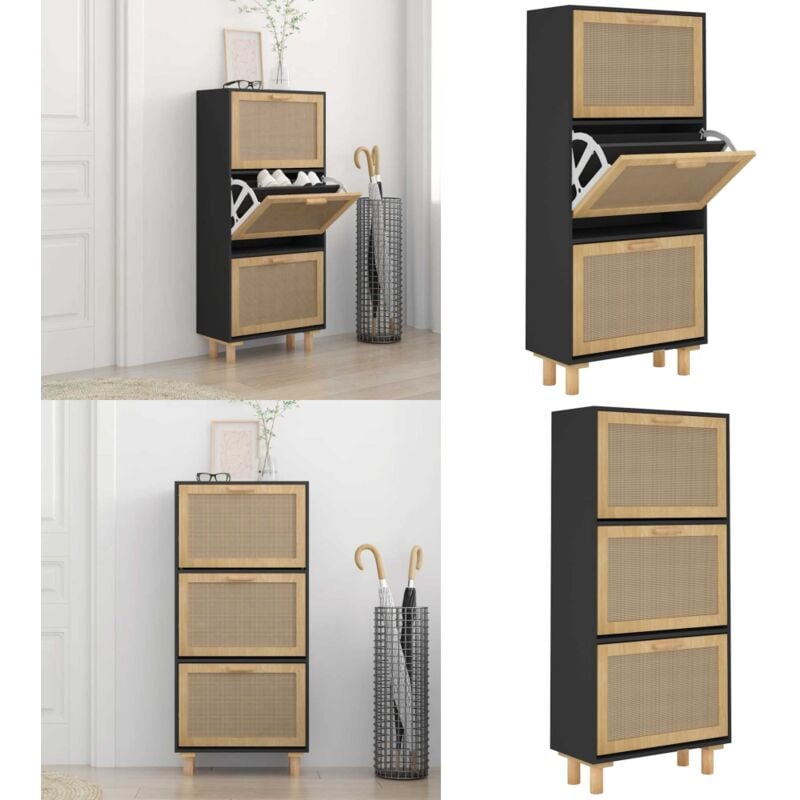 Armoire à chaussures Noir 52x25x115 cm Bois d'ingénierie/rotin - Meuble à Chaussures - Rangements Chaussures - Armoire à Chaussures - Rangement