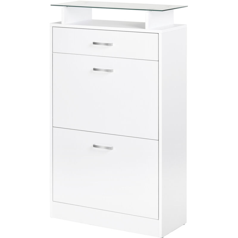 Homcom - Armoire à chaussures organisateur de luxe pour chaussures 2 portes abattantes 2 compartiments, tiroir, étagère verre panneaux particules