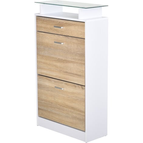 Armoire à chaussures organisateur de luxe pour chaussures 2 portes abattantes 2 compartiments, tiroir, étagère verre panneaux particules chêne blanc