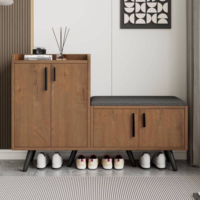 Armoire à chaussures, quatre portes de rangement, B120/D34/H82 cm, en bois, naturel