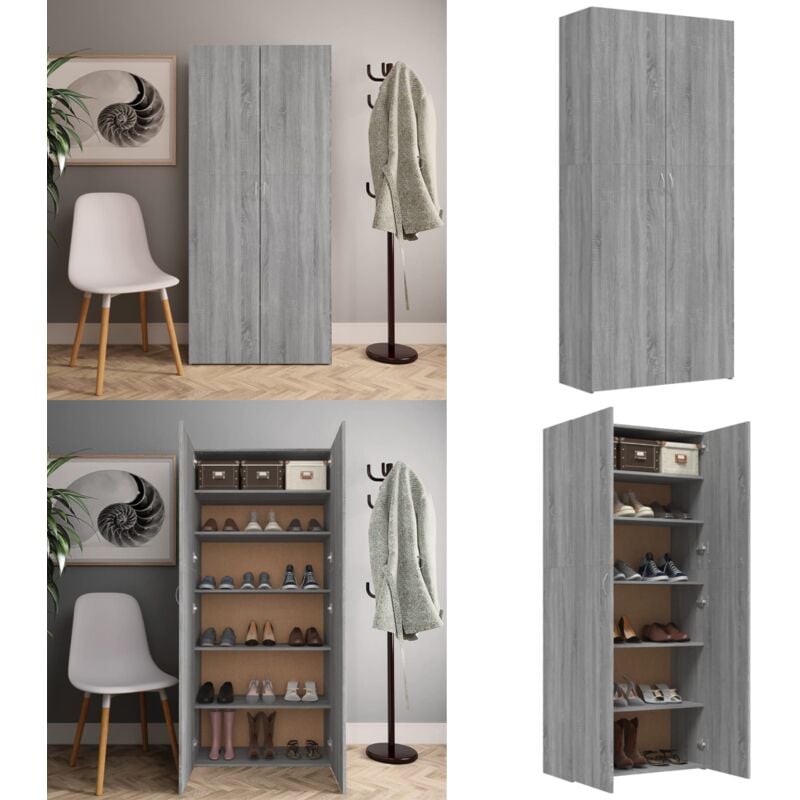 Armoire à chaussures Sonoma gris 80x35,5x180 cm Bois ingénierie - Armoire à Chaussures - Rangements Chaussures - Placard Chaussures - Meuble