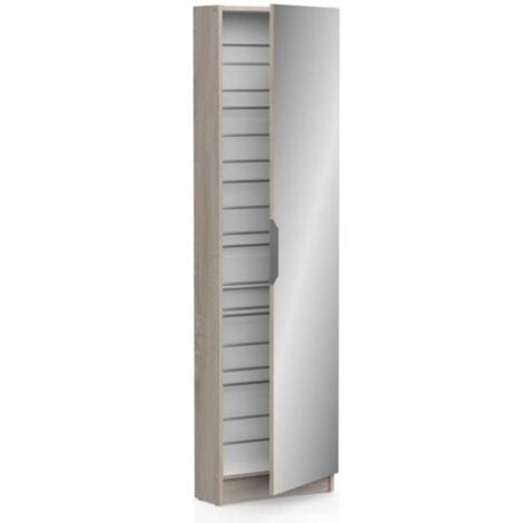 MUEBLIX Armoire a chaussures ZAPATERO - 12 Paires - Décor Chene et Noir - 1 porte avec miroir - L50 x P18 x H200 cm - CBA MEUBLES