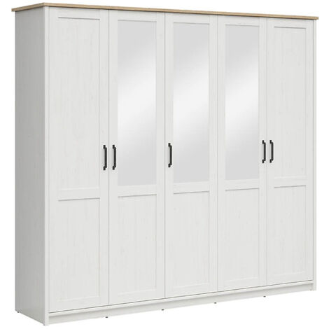 Armoire à cinq portes avec miroir, coloris Blanc pin andersen/Chêne clair - Longueur 240,5 x Profondeur 57,5 x Hauteur 220 cm