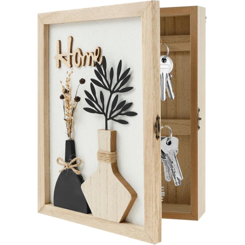 Armoire à clés murale en bois avec boîte de rangement pour clés et 6 crochets décoratifs - Style vintage minimaliste - Coffre-fort pour clés de