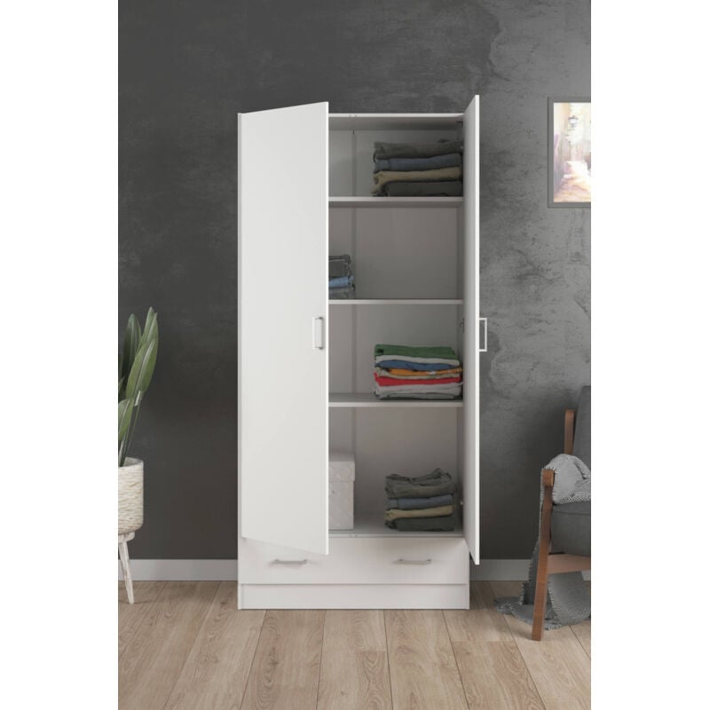 Dmora - Armoire 2 portes 1 tiroir 79,4 x 170,4 x 35,7, Structure en tôle laminée, Blanc, avec emballage renforcé