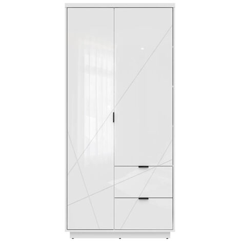 Armoire à double porte avec 2 tiroirs , coloris Blanc brillant/Blanc haute brillance - Longueur 94 x Profondeur 56,5 x Hauteur 200,5 cm