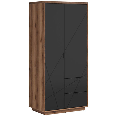Armoire à double porte avec 2 tiroirs, coloris Chêne delano / Noir mat - Longueur 94 x Profondeur 56,5 x Hauteur 200,5 cm