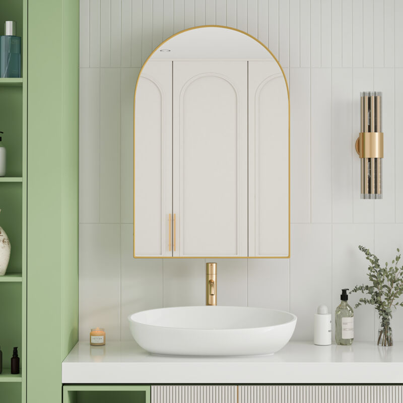 Modfu - Armoire de toilette encastrée, armoire murale avec cadre métallique, miroir et étagères réglables, avec rangement, or, 91x61x12 cm