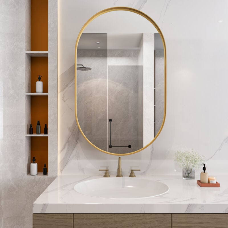 Modfu - Armoire à glace ovale, cadre métallique, miroir et étagères réglables, avec rangement pour salle de bain, or, 85x51.5x12 cm