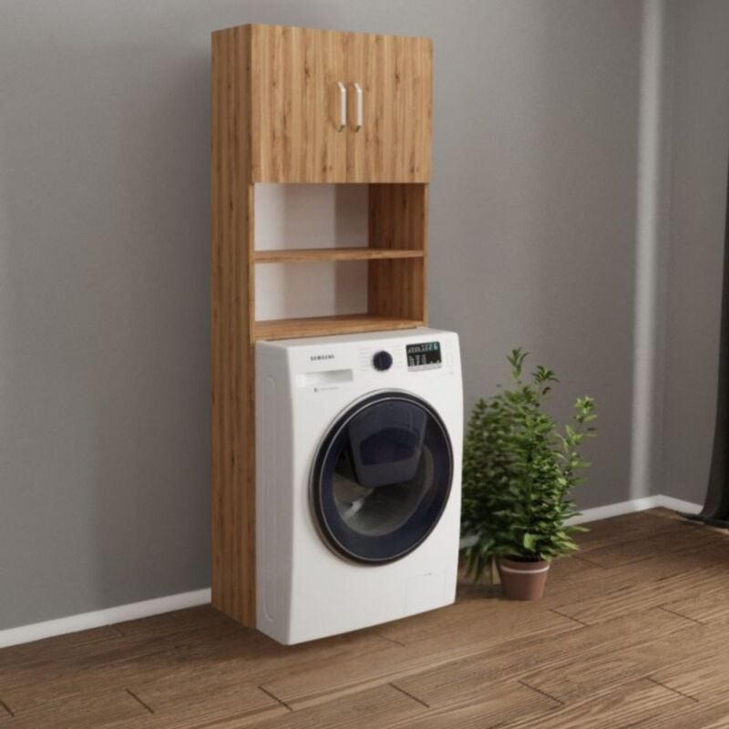Armoire à laver avec portes et étagères couleur chêne 64x20x180H cm - Gioppi